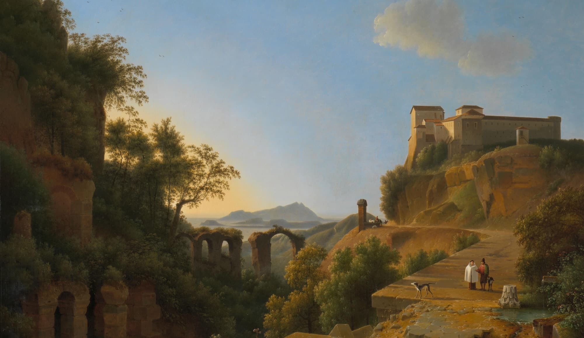 Italian Campagna at golden hour — classical landscape with ruins